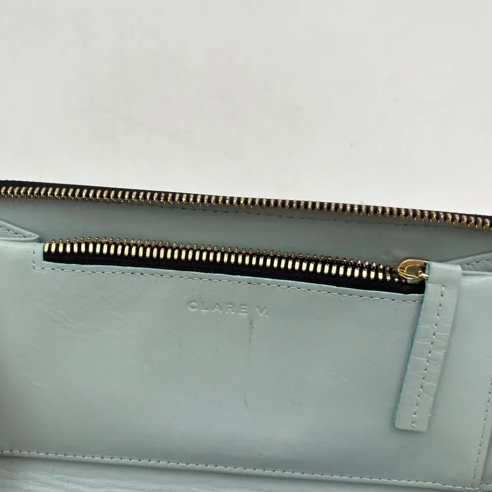 Clare V. Continental Printed Stripe Wallet Leather Tan Initial Logo Minimalist